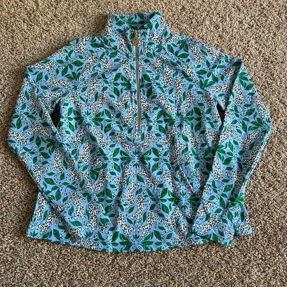 Lilly Pulitzer XS Melena Popover Bon Bon Blue Leapin Half-Zip Pullover Jacket - Picture 2 of 10